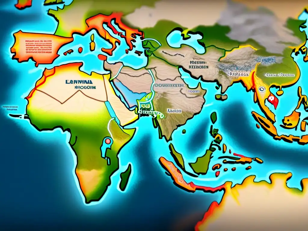 Influencia asiática en civilizaciones africanas: Detalle de mapa histórico con rutas comerciales y cultural intercambio entre continentes