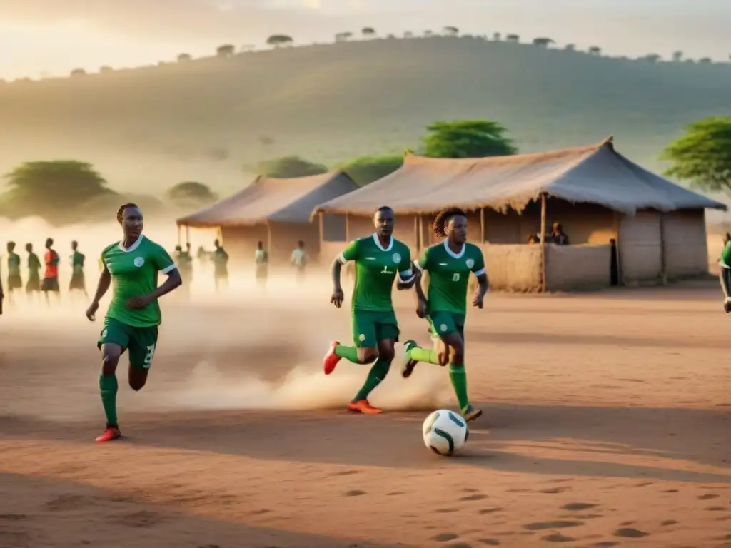 Influencia de atletas africanos en la educación global: jóvenes jugando fútbol al atardecer en comunidad rural