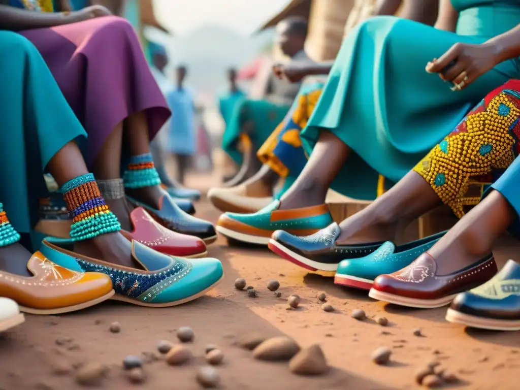 Influencia calzado tendencias africanas: Mercado vibrante con zapatos artesanales coloridos y detallados en África