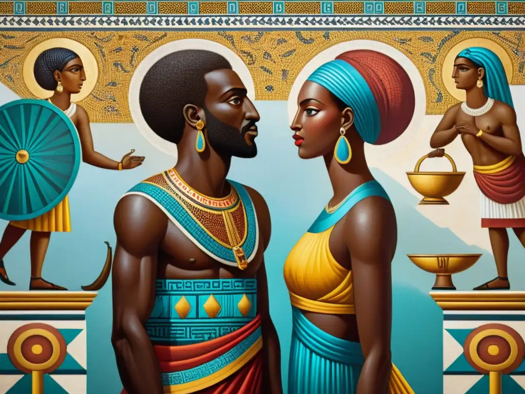 Influencia de civilizaciones africanas en Grecia: Mosaico detallado que muestra intercambio cultural y comercial entre griegos y africanos