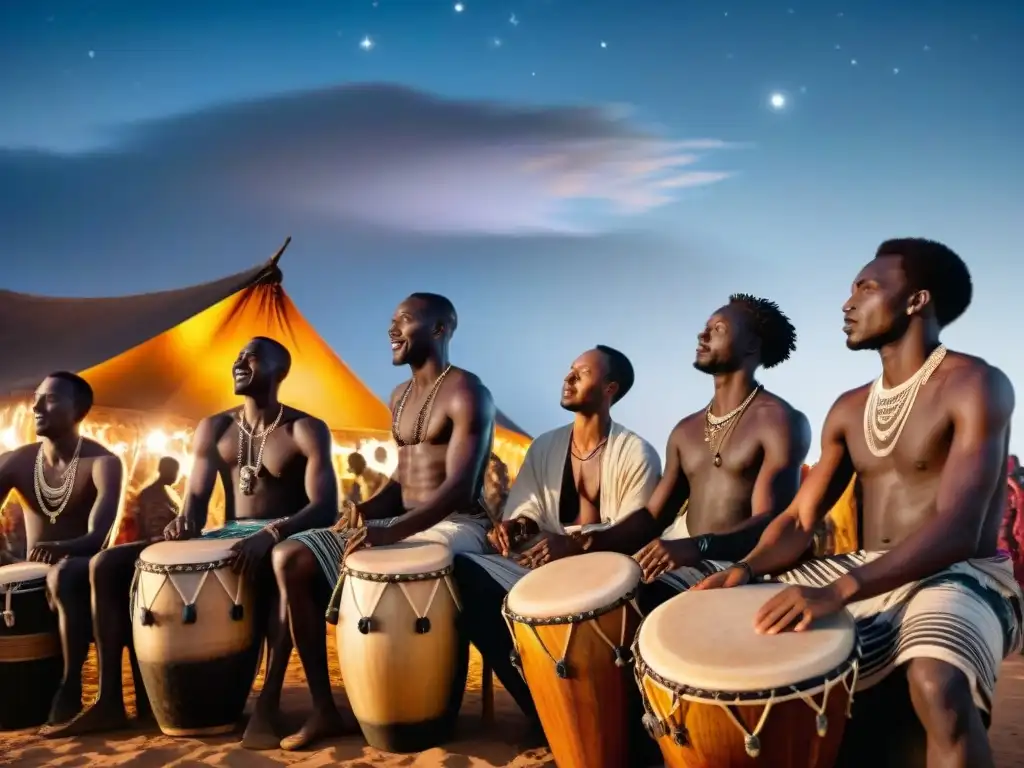 Influencia de las civilizaciones africanas: Músicos africanos tocando tambores bajo un cielo estrellado