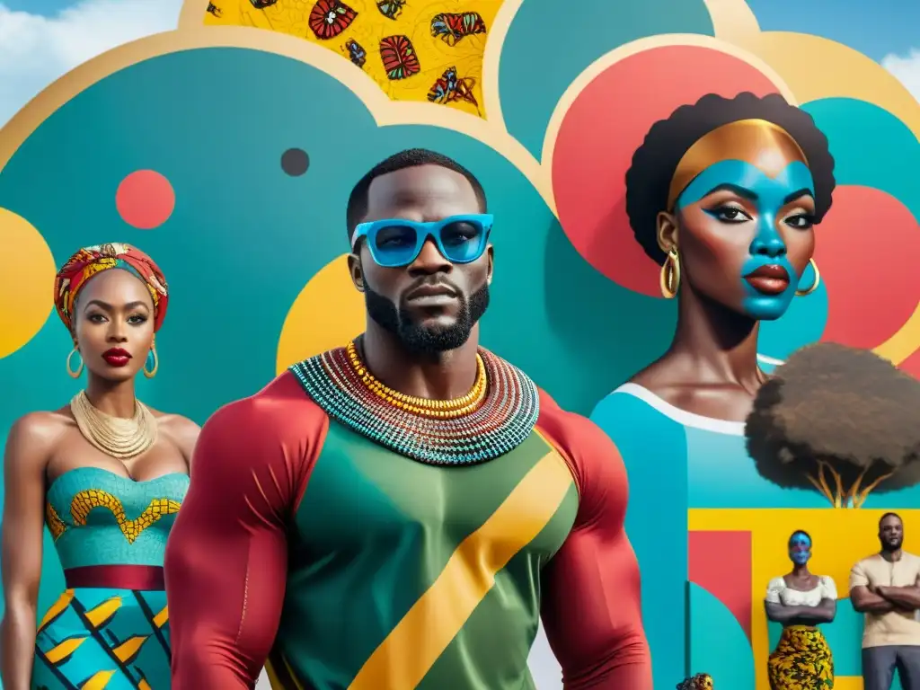 Influencia de civilizaciones africanas en animación: Mural vibrante con personajes de cómic africanos y mercado bullicioso