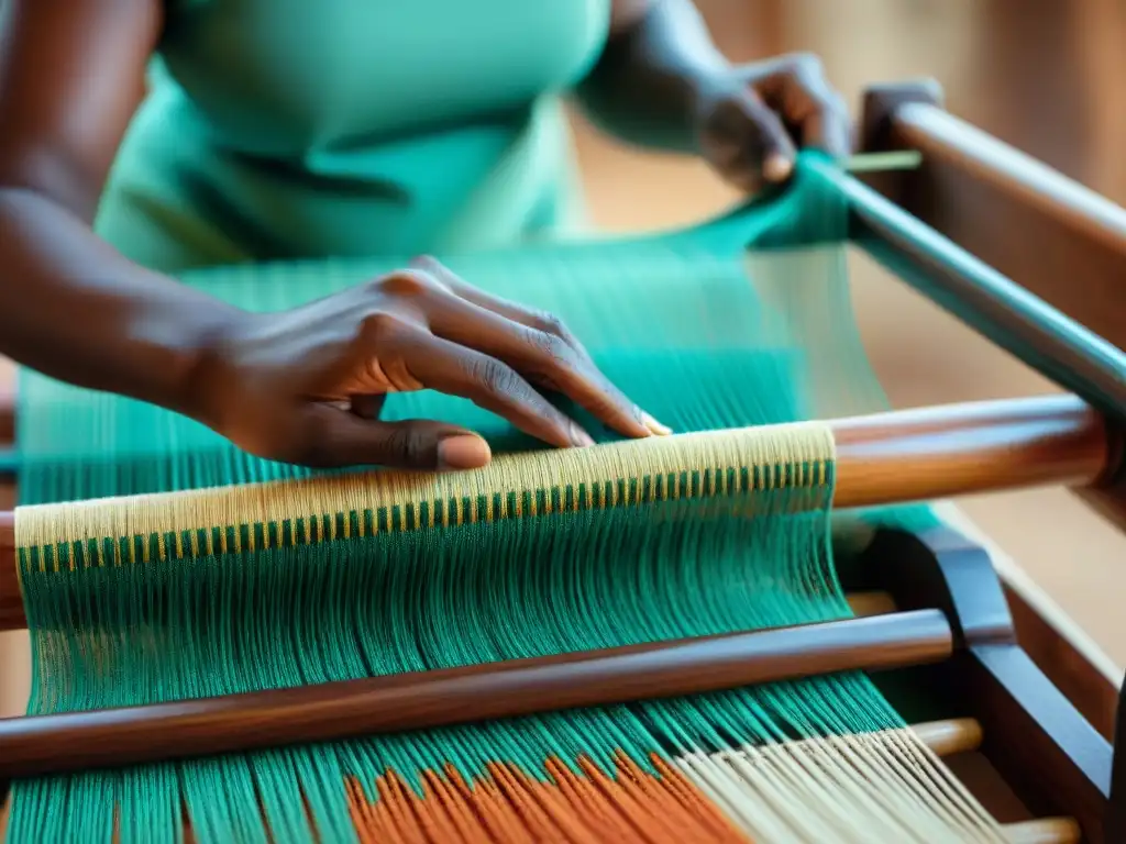 Tejido artesanal de textiles africanos: tradición y colorido Influencia cultural africana en Europa: Detalle de tejido africano en telar de madera tradicional