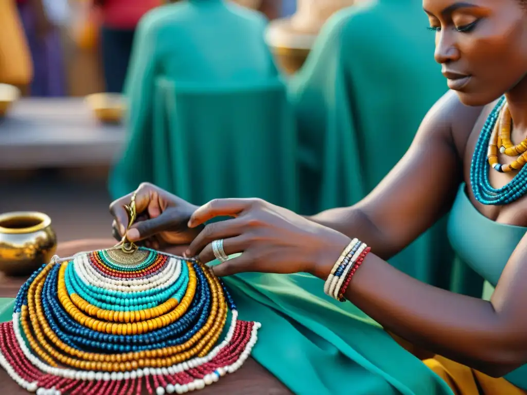 Influencia cultural en joyería africana: Artesana africana crea collar de cuentas en mercado vibrante