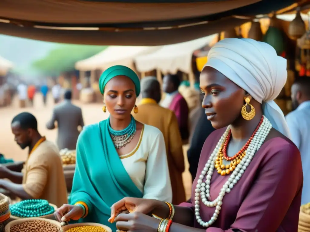 Influencia cultural en joyería africana: Mercado bullicioso en ciudad africana con diversidad cultural y coloridas joyas