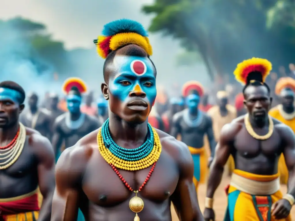 Influencia cultural Kongo África: Celebración vibrante con danzas tradicionales, vestimenta colorida y pintura facial en África