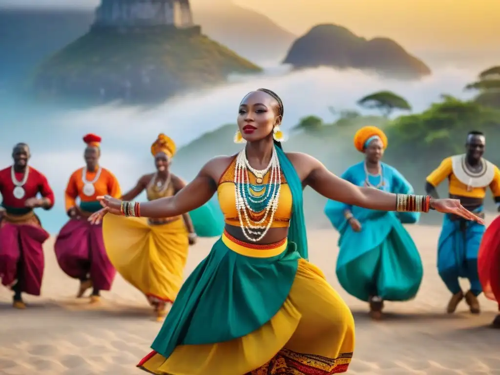 Influencia de la diáspora africana: Grupo diverso bailando danzas tradicionales en todo el mundo, con atuendos coloridos y vibrantes