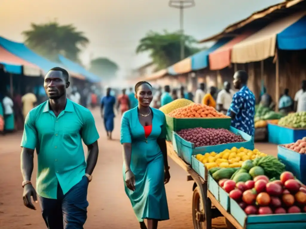 Influencia de Gambia en África: Escena vibrante de la vida diaria en Banjul, con locales, mercado y arquitectura tradicional al atardecer