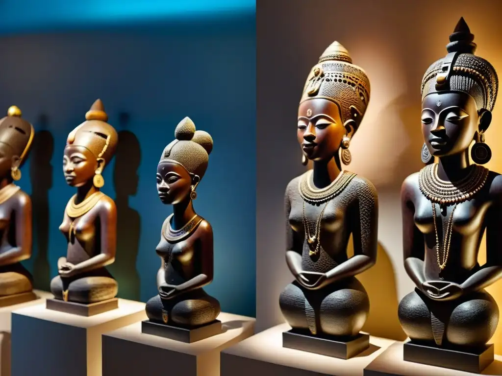 Influencia de esculturas africanas: Esculturas detalladas en un museo iluminado, emanando poder y tradición