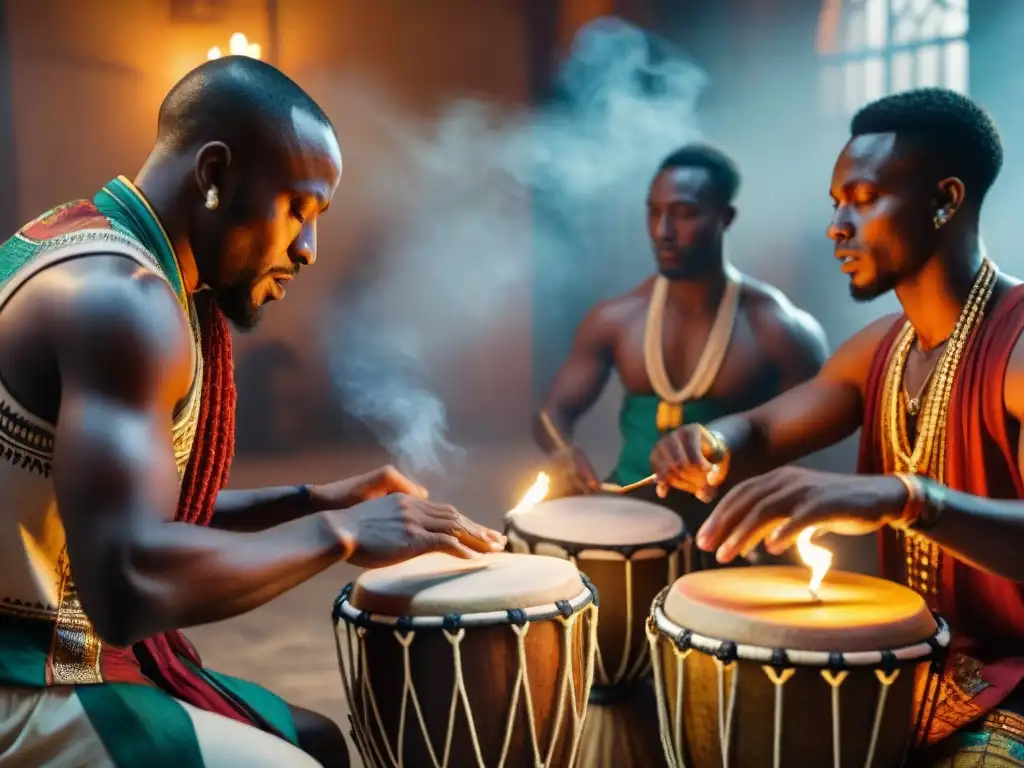 Influencia espiritualidad africana música global: Músicos africanos tocan tambores tradicionales con pasión en una habitación iluminada por velas