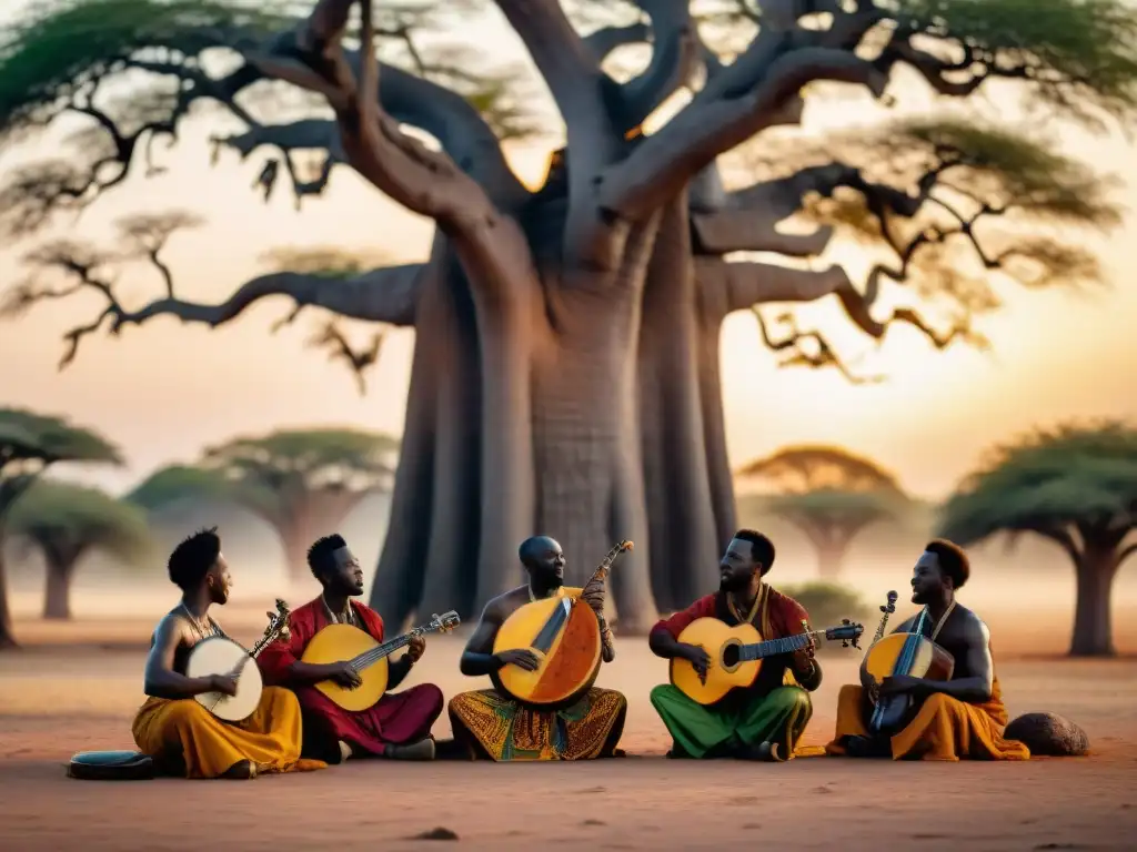 Influencia espiritualidad africana en músicos bajo el baobab al atardecer