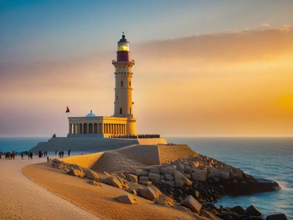 Influencia de los faros antiguos en Alejandría: el majestuoso Faro de Alejandría destaca en el atardecer vibrante