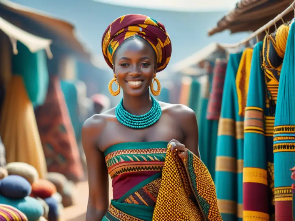 Influencia de figuras africanas en moda: Escena vibrante de mercado textil africano con artesanos locales y mujeres elegantes en telas coloridas