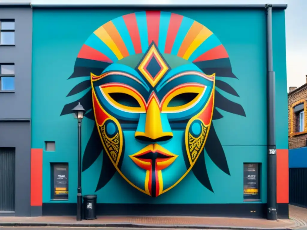 Influencia global del arte africano: mural vibrante en Johannesburgo con máscara africana tradicional y patrones geométricos modernos