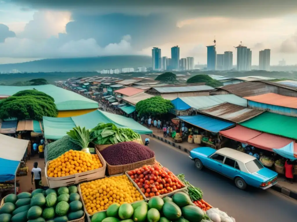 Influencia global de Gabón: Mercado tradicional y rascacielos en Libreville, reflejo de la evolución del país