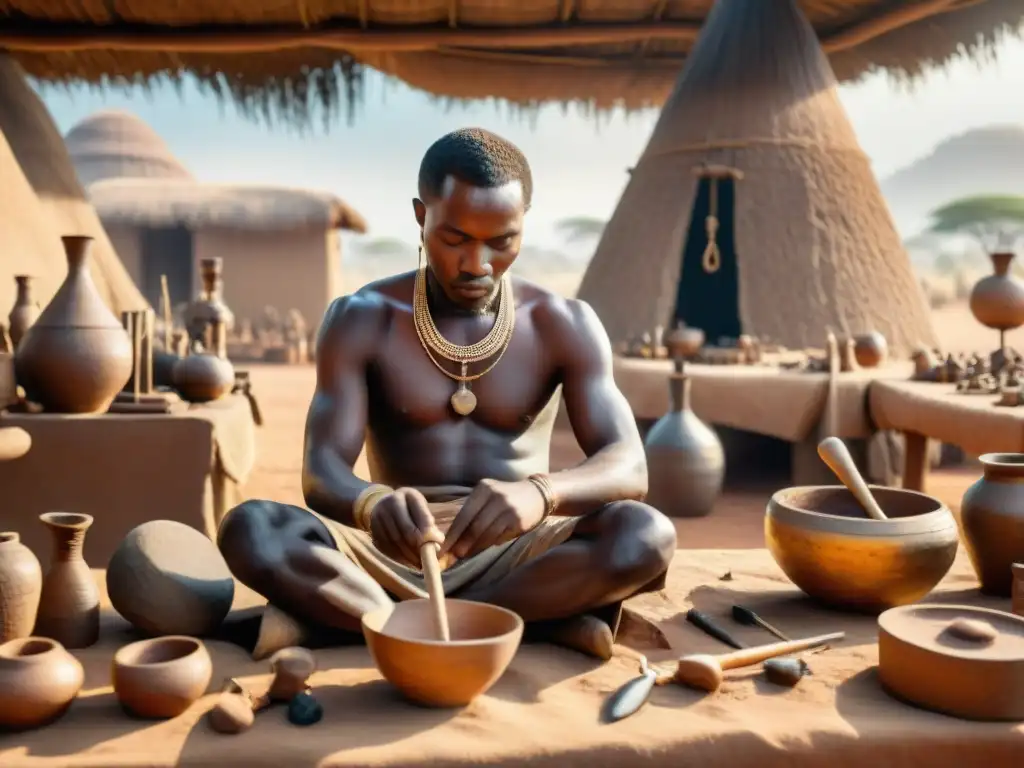 Influencia de África en herramientas: Artesanos africanos creando herramientas de piedra en una savana al atardecer