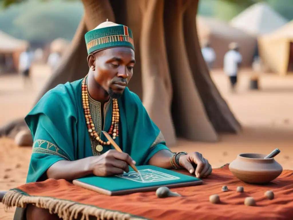 Influencia matemática civilizaciones africanas: Sabio africano estudia patrones geométricos bajo baobab