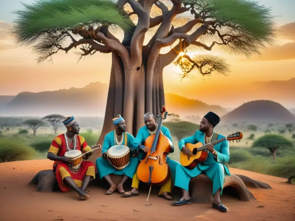 Influencia de minorías étnicas africanas: Músicos tradicionales bajo un baobab, vistiendo atuendos vibrantes y tocando instrumentos étnicos