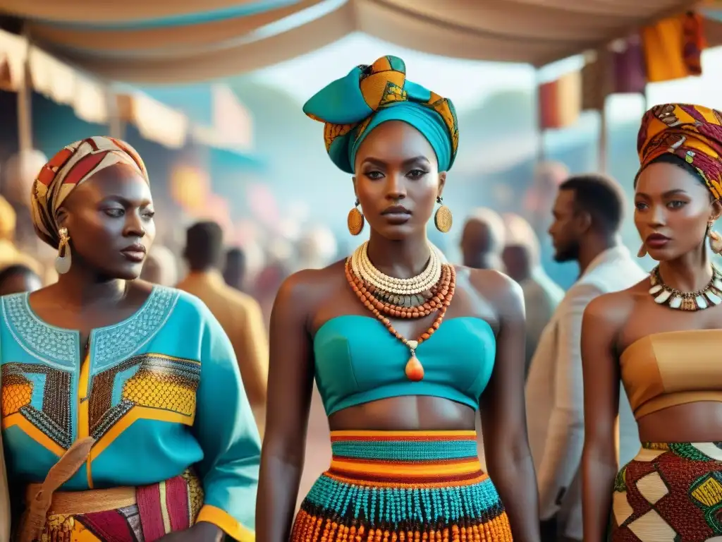 Explora la influencia de África en moda vintage en un animado mercado africano repleto de colores y texturas únicas