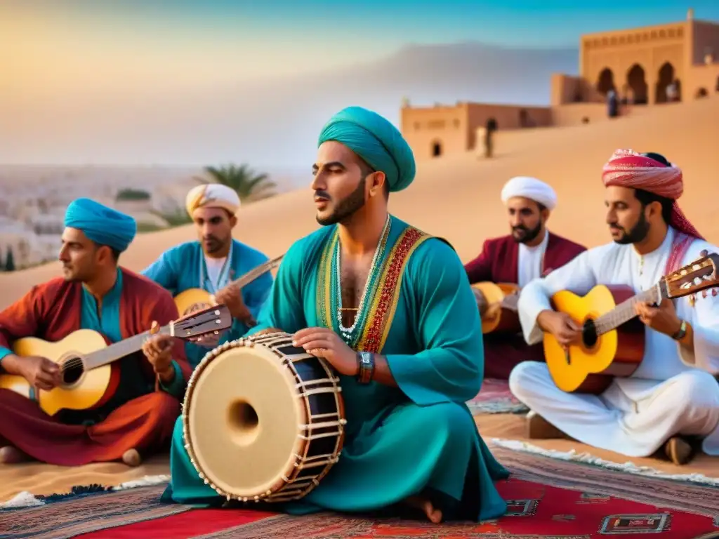 Concierto de Música Árabe en África del Norte: Detalles y Emociones Influencia de la música africana en la cultura árabe: músicos norteafricanos interpretando melodías tradicionales ante un público variado, vestidos con trajes coloridos y rodeados de arquitectura árabe y paisajes africanos