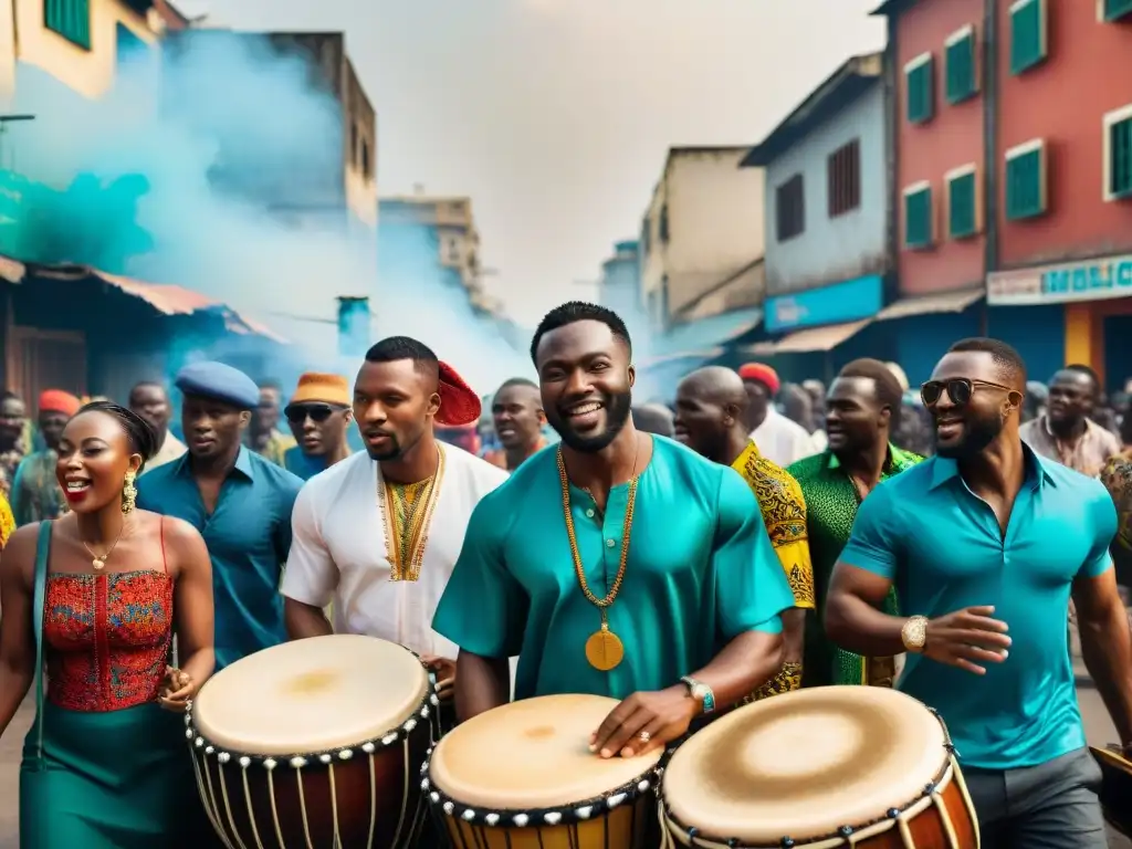 Influencia de la música africana en la energía global capturada en una vibrante escena callejera en Lagos, Nigeria