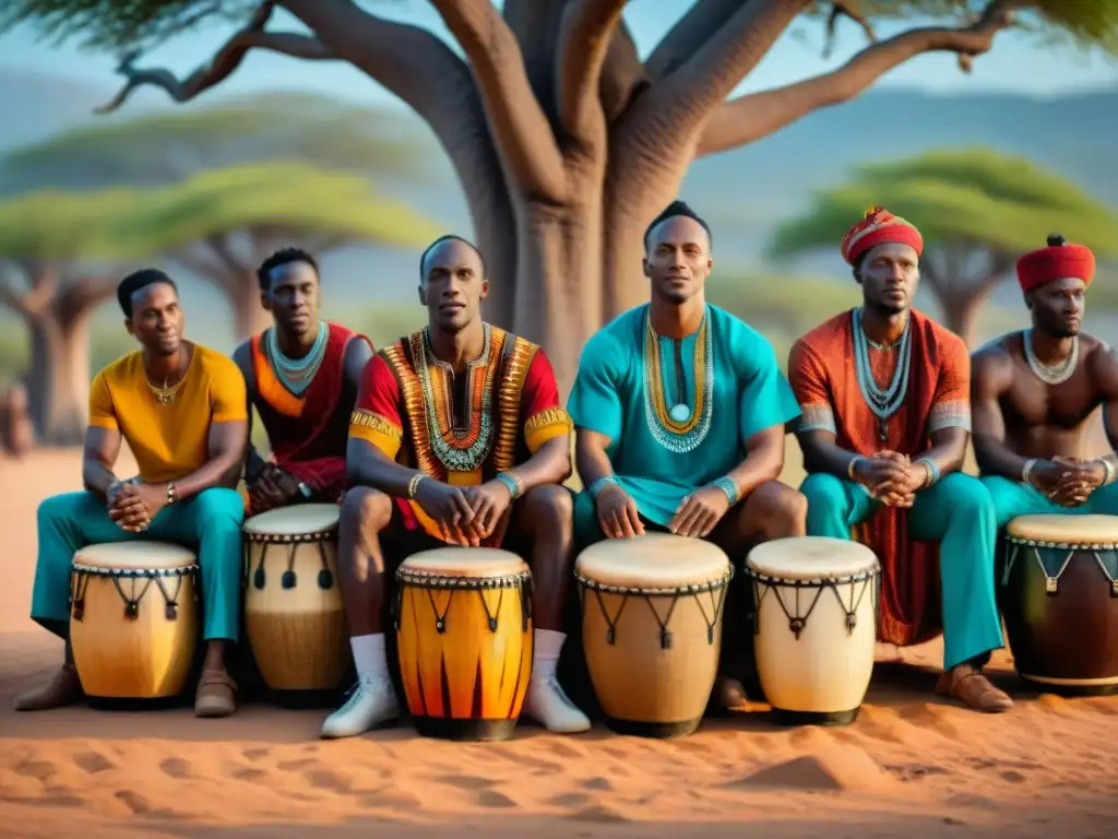 Influencia de la música africana en la globalidad: músicos tocando tambores bajo un baobab