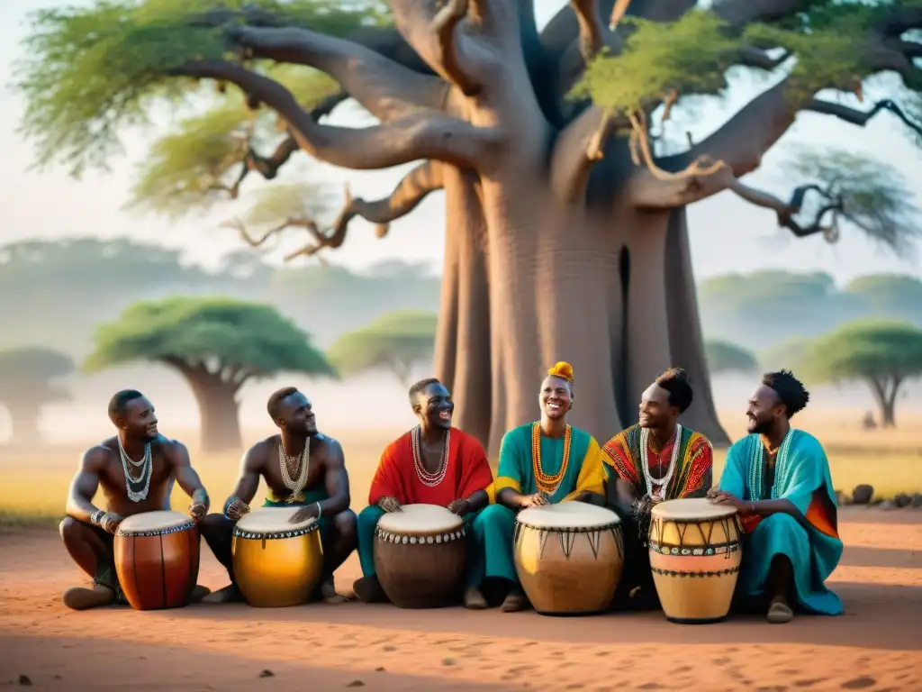 Influencia de la música africana: Músicos africanos tocando tambores bajo un baobab en una escena vibrante y colorida del pueblo