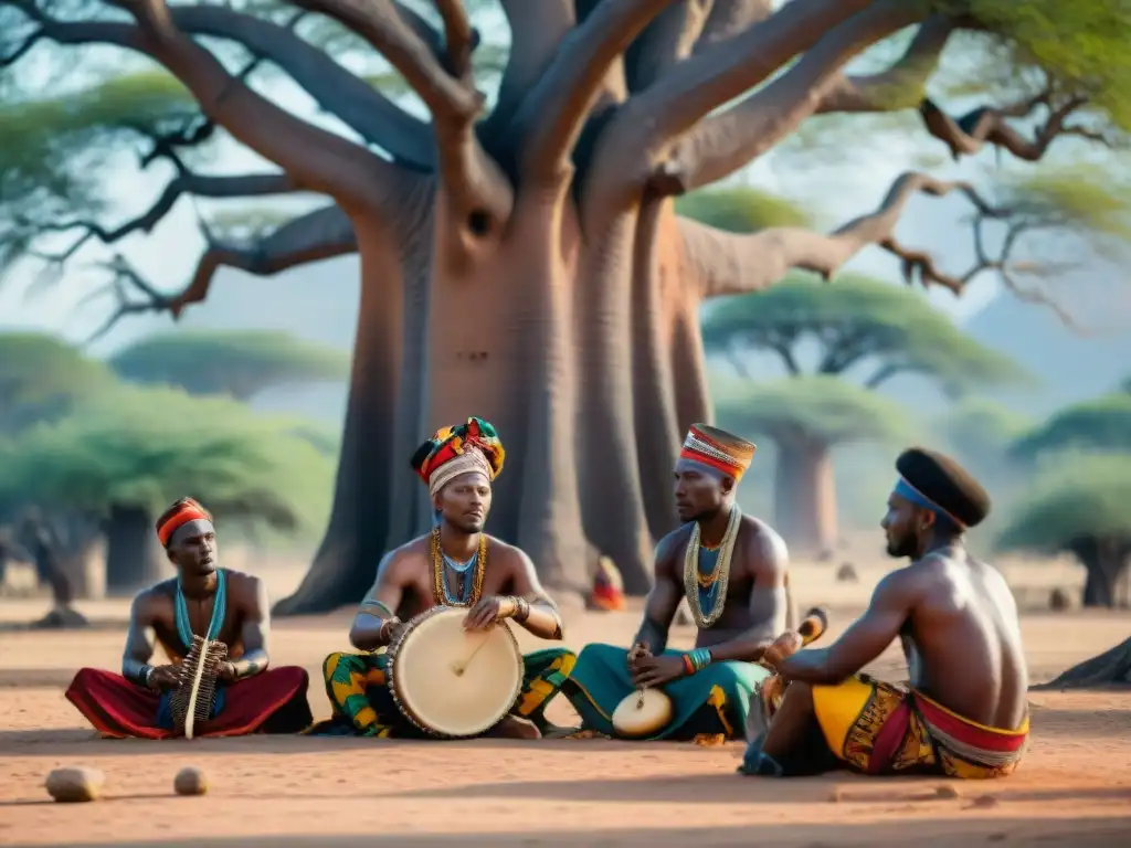 Influencia de la música africana: Músicos africanos tocando instrumentos tradicionales bajo un baobab, inmersos en su arte tribal