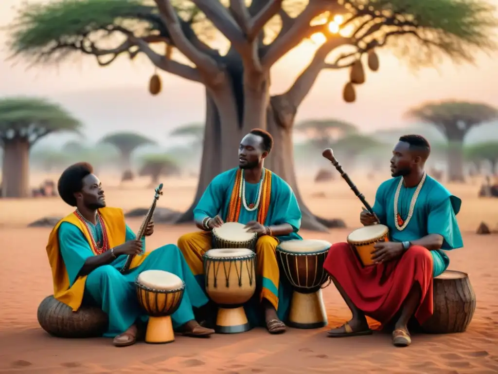 Influencia de la música africana: Grupo de músicos africanos tocando instrumentos tradicionales bajo un baobab al atardecer