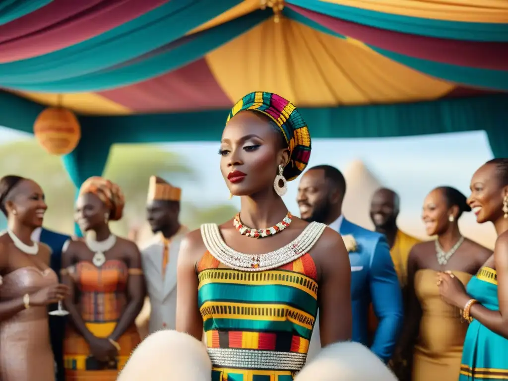 Influencia moda nupcial africana: Boda tradicional africana con novia en vestido Kente rodeada de música y color