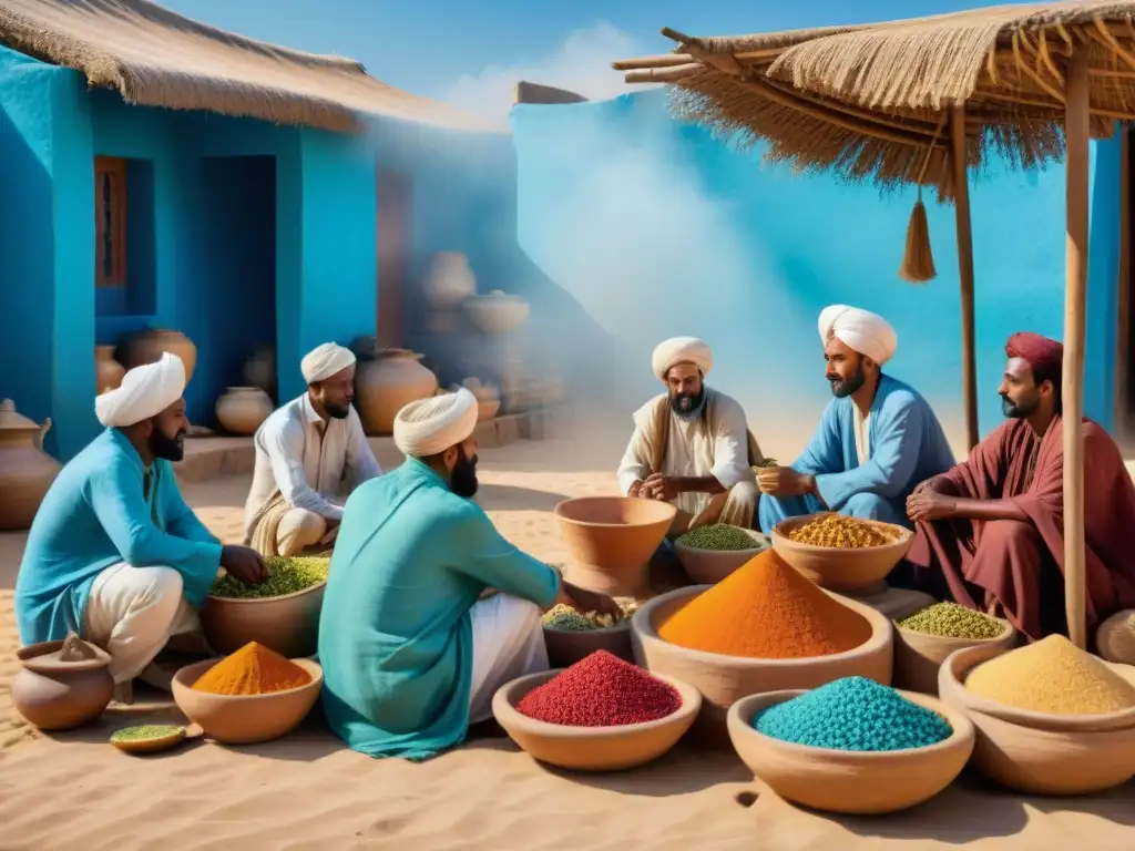 Influencia Persa en Cuerno África: Escena bulliciosa de mercaderes persas y locales intercambiando bienes en mercado costero africano