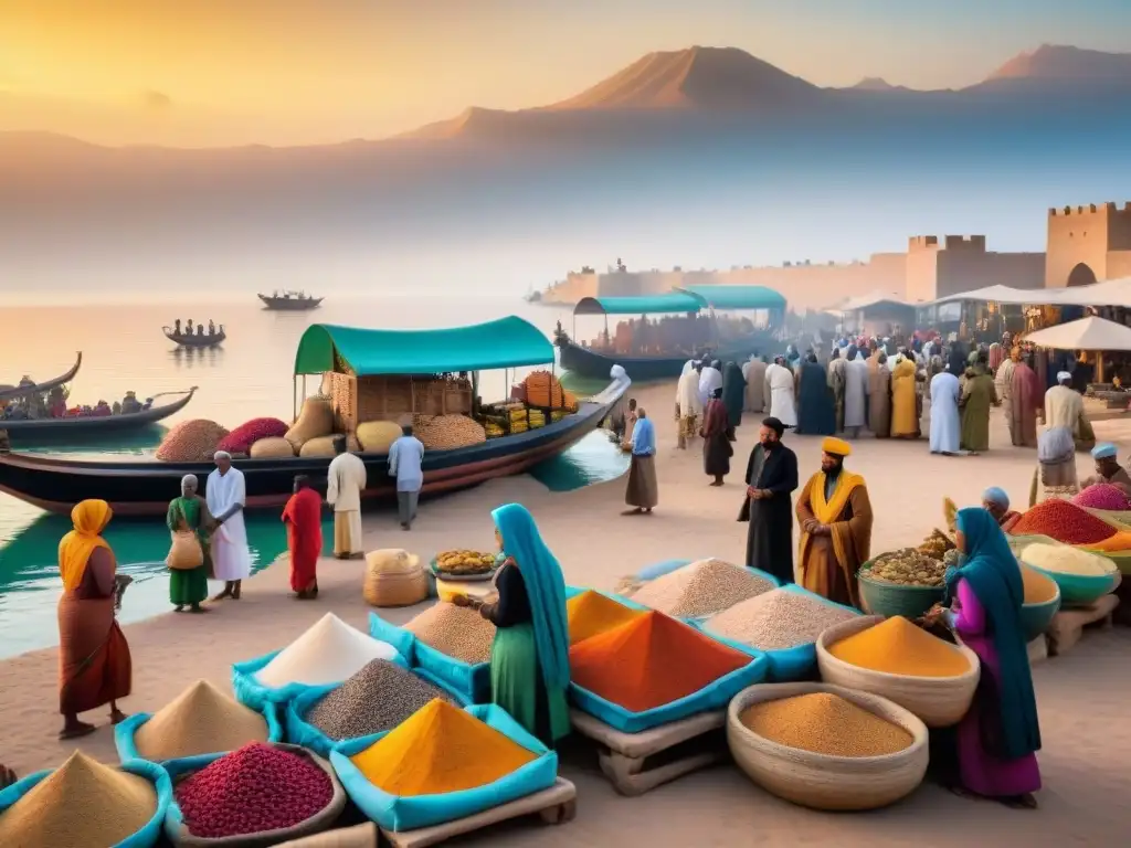 Influencia Persa en el vibrante mercado del Cuerno de África: mercaderes intercambian bienes y culturas al atardecer