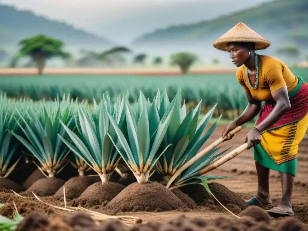 La influencia de raíces africanas: Agricultores cosechando yuca bajo el sol, reflejando tradiciones ancestrales y esfuerzo