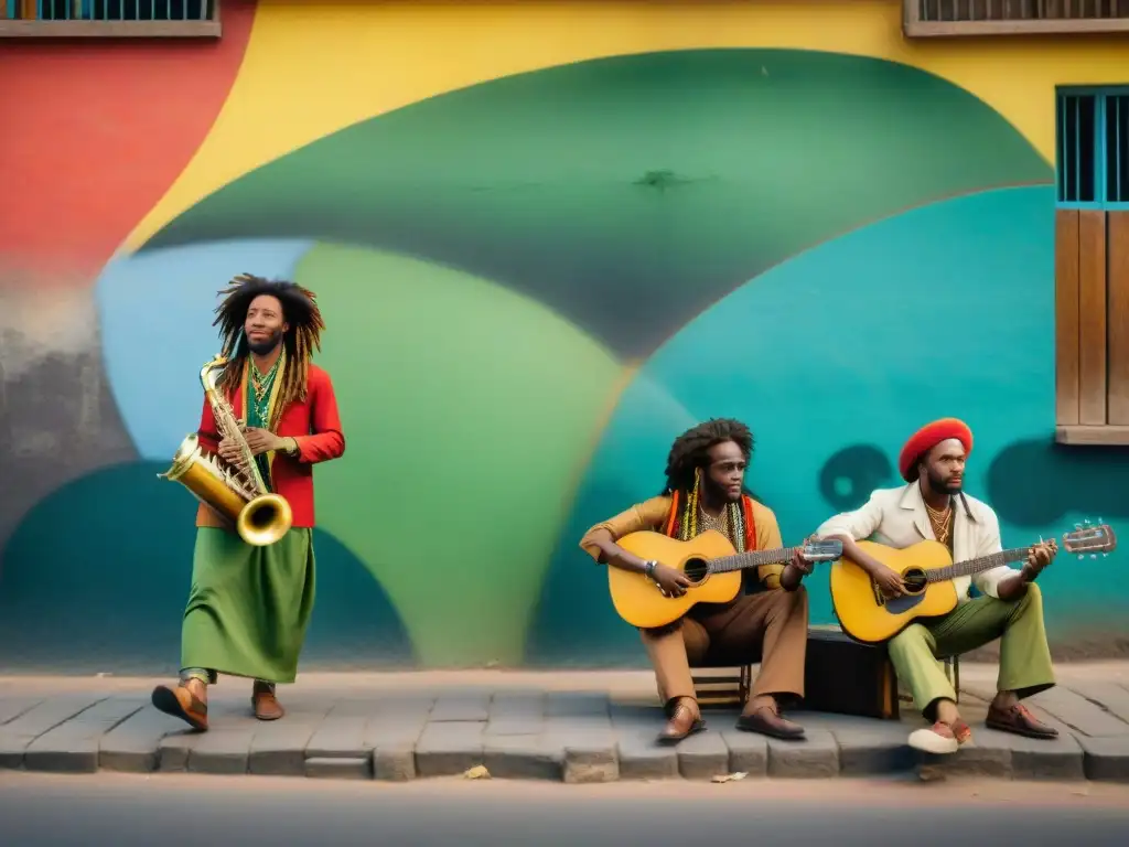 Influencia reggae rastafarismo música africana: Escena callejera vibrante con músicos fusionando ritmos africanos y reggae