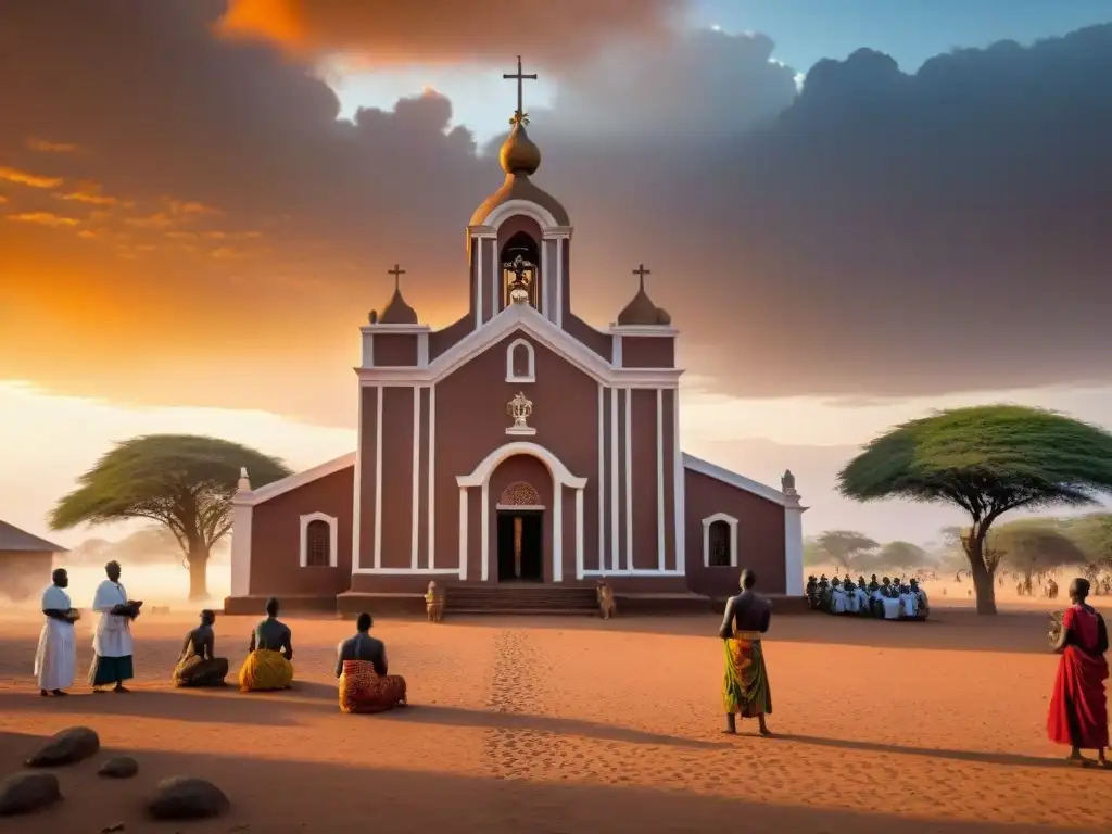 Influencia religiosa en civilizaciones africanas: Iglesia colonial al atardecer con fieles y arquitectura detallada