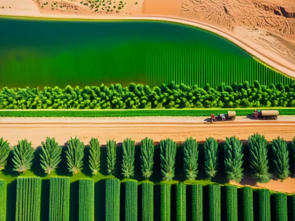 Influencia del río Nilo en civilizaciones: Trabajadores cuidando campos verdes junto al Nilo en el antiguo Egipto