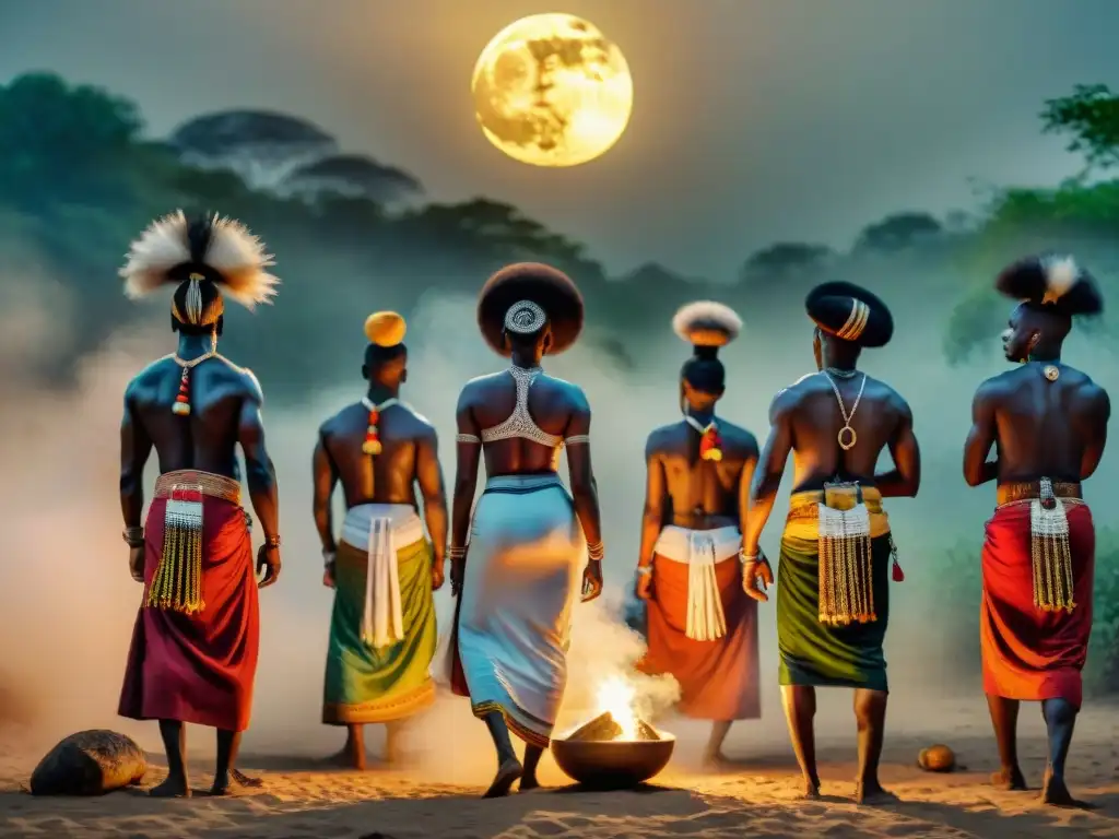 Influencia de rituales africanos diáspora: Baile tradicional bajo la luna en el bosque, vestimenta vibrante y movimientos rítmicos