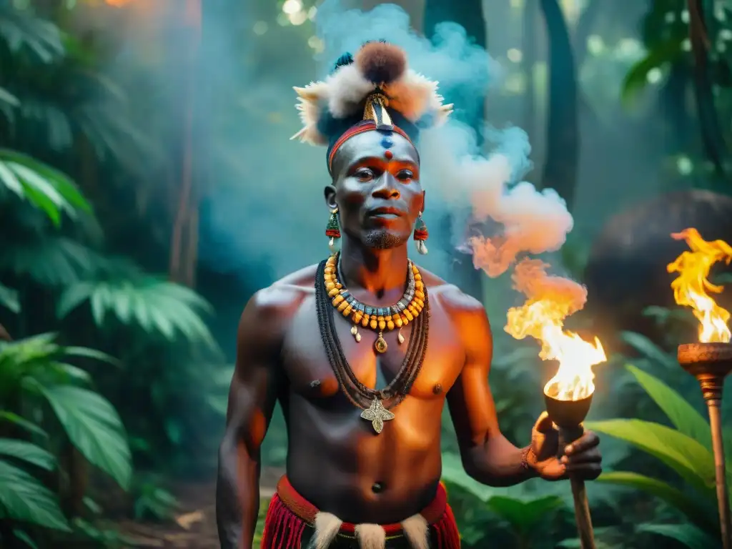 Influencia de lo sobrenatural en África: Un chamán africano realiza un ritual sagrado al anochecer en la densa selva