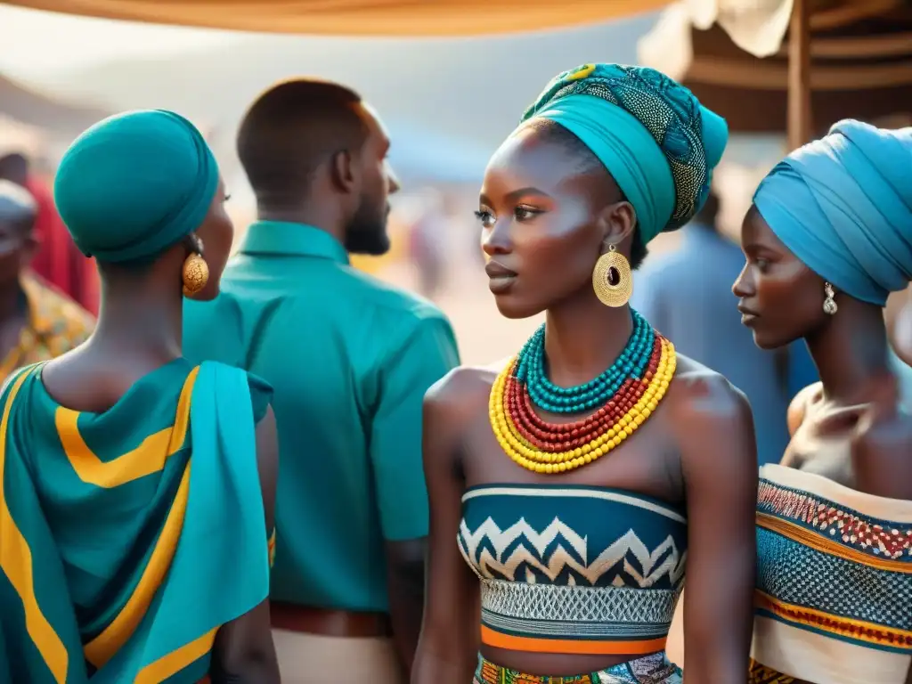 Influencia de los textiles africanos en la moda internacional: vibrante mercado africano con coloridos tejidos y clientes locales y turistas