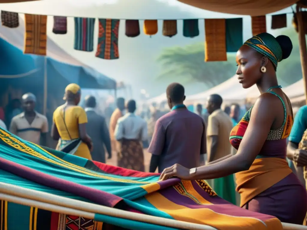 Influencia de textiles africanos en la moda internacional, mercado bullicioso con vibrantes telas y diseños