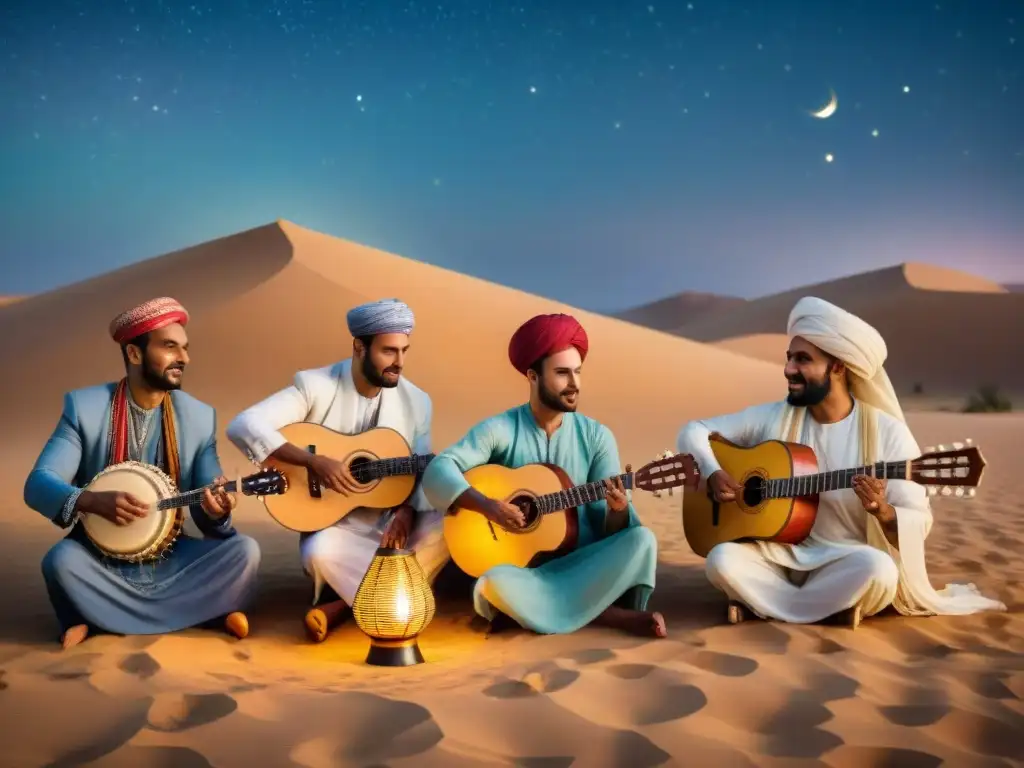 Concierto estelar: músicos de África y Medio Oriente fusionan tradiciones Influyente fusión musical entre culturas africana y árabe en el desierto bajo el cielo estrellado