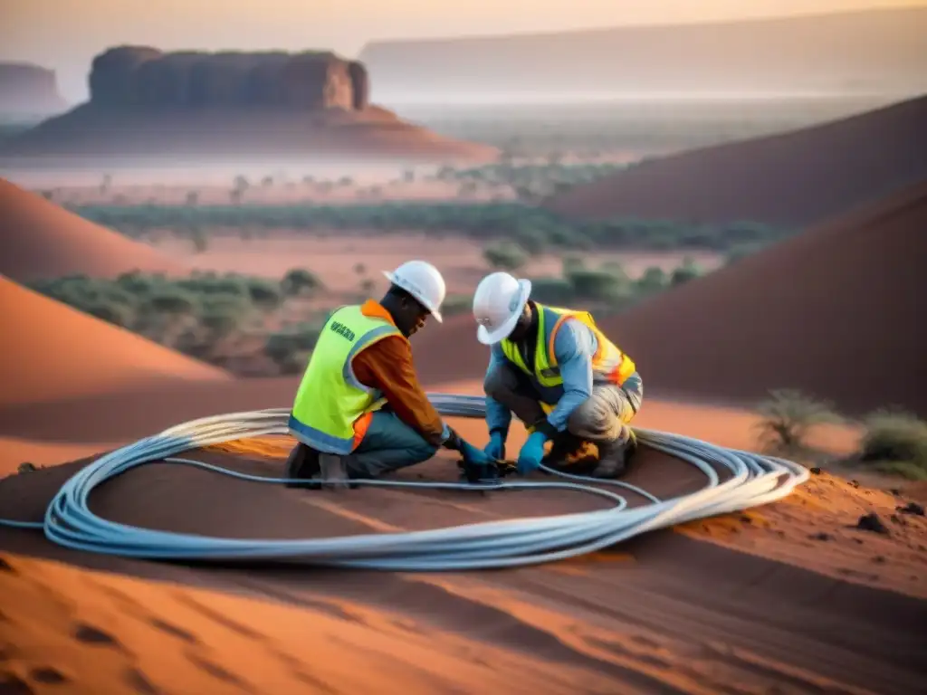 Inversión en infraestructura de telecomunicaciones en África: Ingenieros colocando cables ópticos en el desierto al atardecer