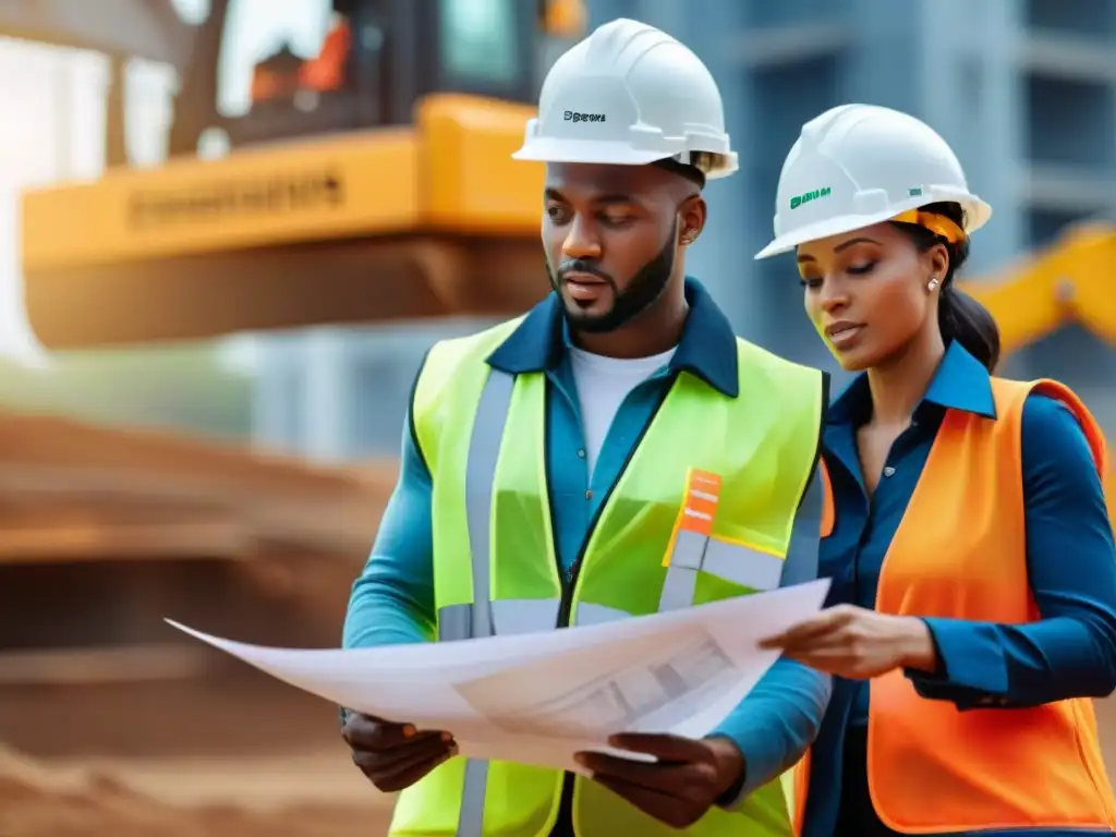 Ingenieros africanos colaborando en sitio de construcción, mostrando influencia civilización africana en ingeniería