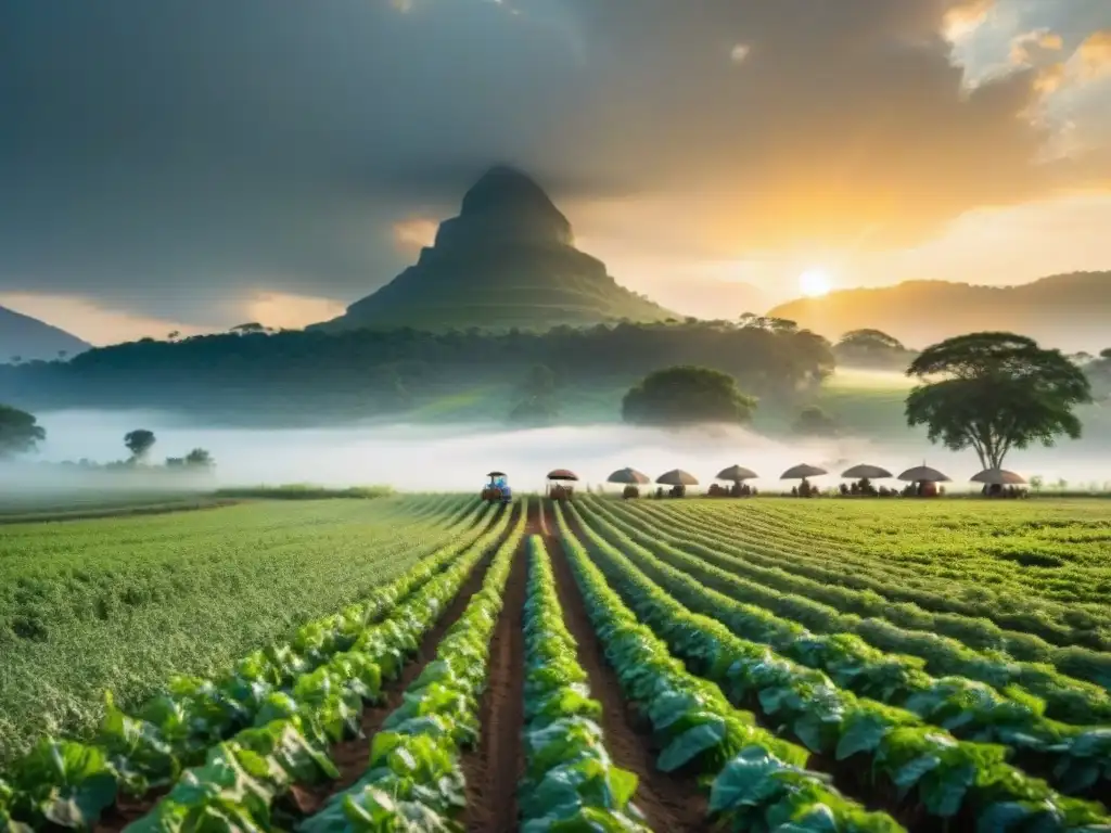 Innovaciones agrícolas en África: Agricultores africanos usan tecnología moderna en un campo verde al atardecer