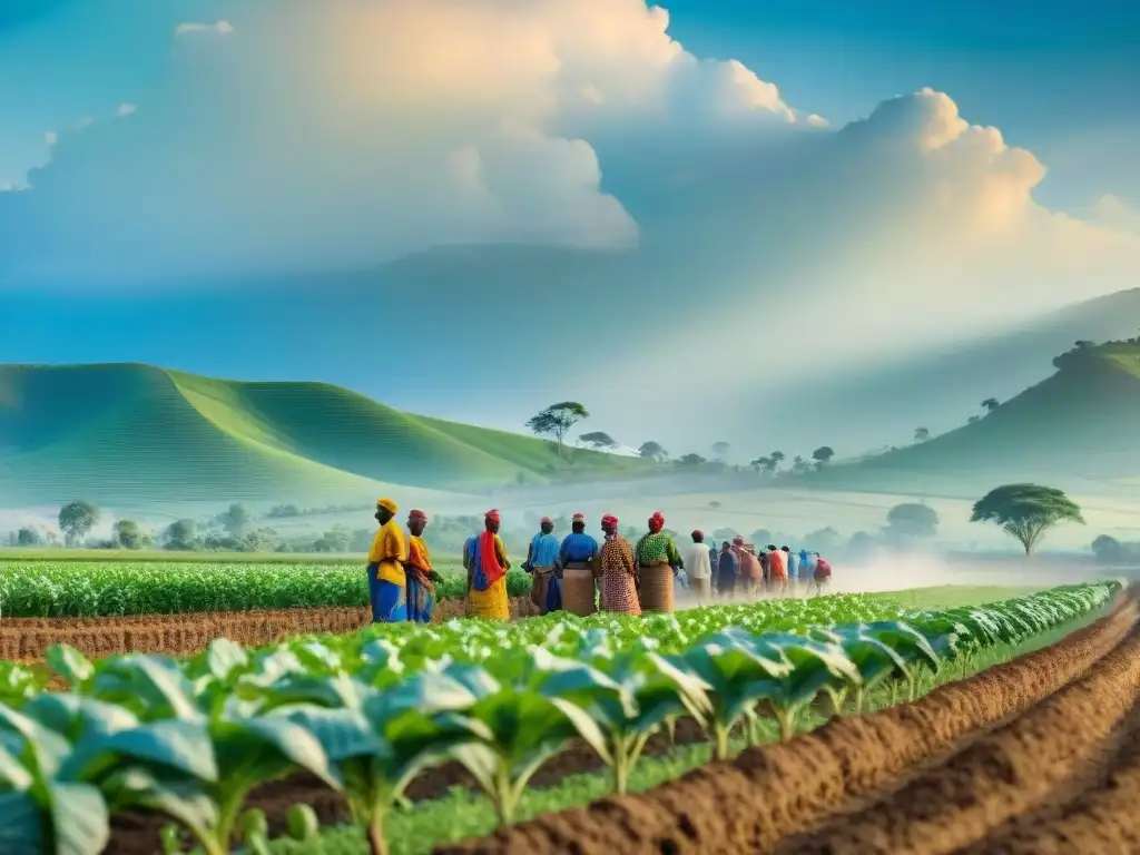 Innovaciones en agricultura en África: Agricultores africanos trabajando juntos en un campo verde vibrante bajo el brillante sol