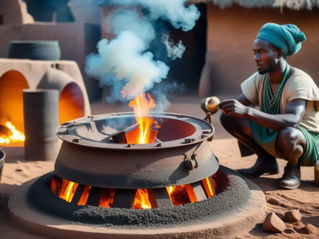 Innovaciones tecnológicas ancestrales africanas: Detalle de un horno de fundición de hierro en el Reino de Nok, con artesanos cuidando las brasas