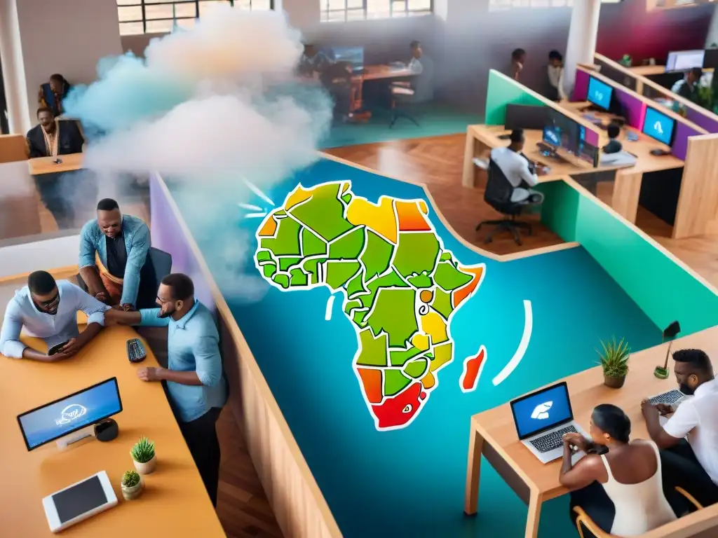 Innovadores startups África ecosistema global: Jóvenes emprendedores colaborando en moderno espacio tech con murales coloridos y símbolos africanos