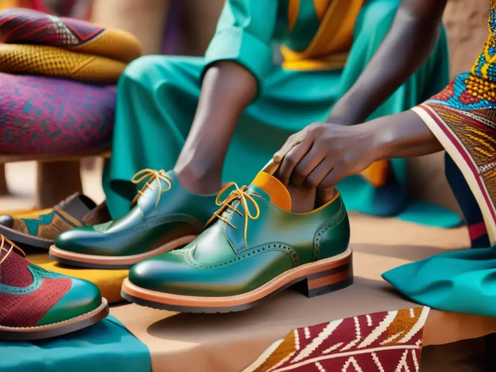 Inspiración africana en diseño de calzado contemporáneo: Artesanos africanos crean zapatos vibrantes y detallados en un bullicioso mercado