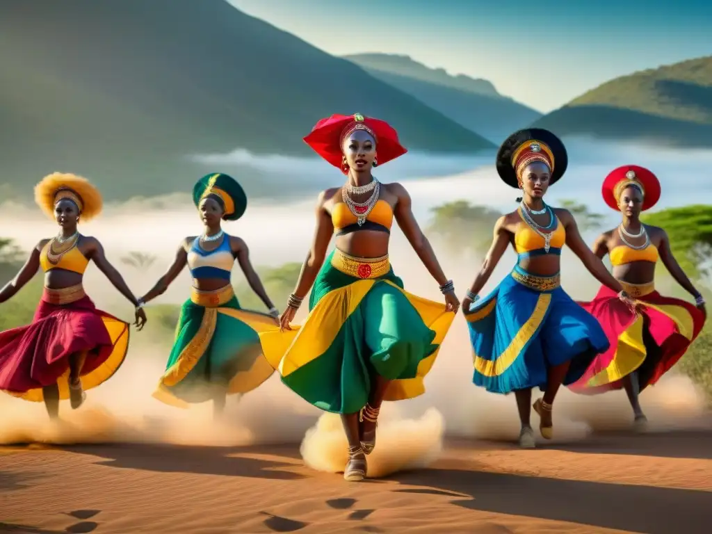 Inspiración ancestral en coreografía africana: Grupo de bailarines africanos en vibrante danza tradicional bajo el sol africano