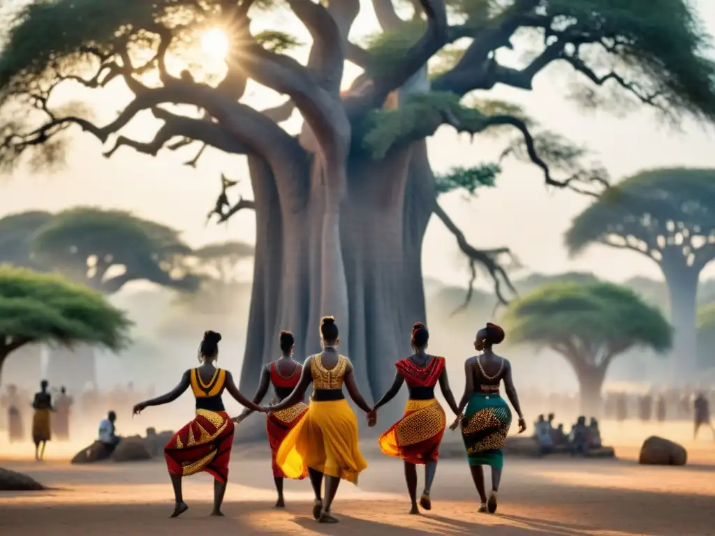 Inspiración ancestral en coreografía africana: grupo de bailarines africanos danzando bajo un baobab